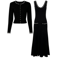 Ensemble deux pièces en tricot noir orné de strass pour femme : cardigan et robe midi sans manches – Tenue élégante pour soirée ou décontractée