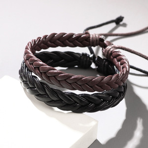 Handmade Braided Three Strand <b>Leather</b> <b>Bracelet</b> Black And Brown Unisex Fashion Jewelry - Product Image 1