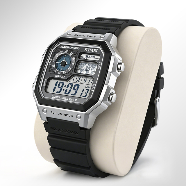 Men's Fashion Sports Digital Watch Waterproof Multi-functional Chronograph Luminous Feature Rectangle Case Stainless Steel Band