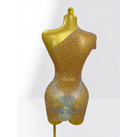 Robe Mini Sexy Moulante en Maille Transparente à Strass AB Asymétrique à une Épaule pour Soirée en Club – Grande Vente
