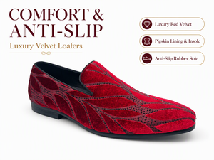 Mocassins en velours rouge pour hommes, motif feuille, bordure scintillante, chaussures habillées, bout rond, semelle en caoutchouc souple, pour le bureau, les occasions professionnelles, les mariages et les fêtes - Product Image 1