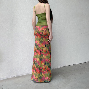 Falda Maxi Vintage con Estampado Floral de Pintura al Óleo para Mujer, de Cintura Baja, con Contraste de Color, Abertura Alta y Ajuste Delgado, Falda de Diseño Llamativo - Product Image 4