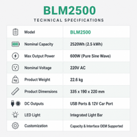 Station d'alimentation portable BLM2500 LiFePO4 2520Wh, générateur solaire MPPT 600W à onde sinusoïdale pure, batterie de secours d'urgence pour camping en extérieur