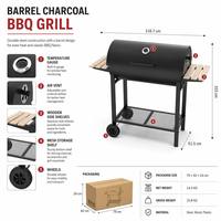 Barbecue au charbon de bois robuste OEM, style américain, type fumoir baril, avec thermomètre et étagères en bois, pour jardin extérieur