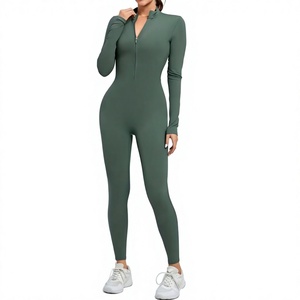 Women's High Waist Long Sleeve Knitted Jumpsuit With Zipper Front Tummy <b>Control</b> <b>Bodysuit</b> Solid Color Sexy Club Wear Full Length - Product Image 1