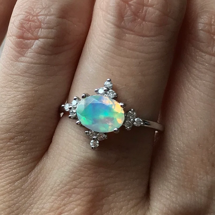 New Design Sterling Silver Natural Gemstone Rings for Women Diamond Oval  Cut Natural Fire Tungsten Opal Ring
