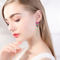Boucles d'oreilles pendantes bohèmes en zircon CZ, motif fleur, avec perles et pampilles, ornées de pierres précieuses colorées et de diamants