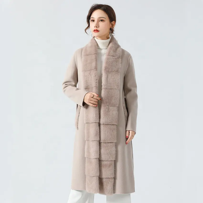 Elegant Double Sided Wool Coat Detachable Real Mink Fur Trim Ladies Cashmere Coat