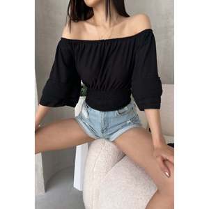 DEFILE Blusa negra con cuello Madonna para mujer, elegante top de mezcla de poliéster y licra para uso informal y elegante, tallas S-XL - Product Image 2