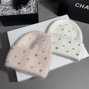 Gorro de lana para mujer, cálido para invierno, tejido grueso con pedrería, cubrecabezas moderno, negro, blanco, rosa, gris - Product Image 3