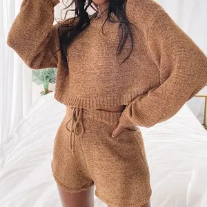 2024 new fashion women sweaters solid colors cropped top and shorts knit sexy women corp sweater 2 piece set