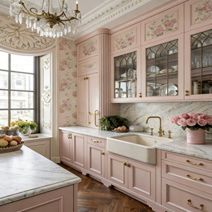 Armoire de cuisine minimaliste BALOM personnalisée, rose pâle Morandi, style français léger, porte plate en bois composite massif, armoires de cuisine - Product Image 2