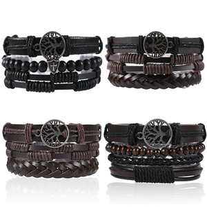 Set di Bracciali <span class=keywords><strong>in</strong></span> Pelle Intrecciati a Mano per <span class=keywords><strong>Uomo</strong></span>, Bracciale <span class=keywords><strong>in</strong></span> Pelle con Corda per Vendita all'Ingrosso N80876 - Product Image 1