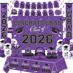 Purple Graduation Party Decoration Set Class of 2026 Tablecloth Banner <b>Balloons</b> Photo Backdrop Easy Assemble - Product Image 1