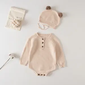 Newborn Knitted Bodysuit Infant Unisex Full Sleeve With Cute Hat Knit Jumper Set Baby Sweater Romper