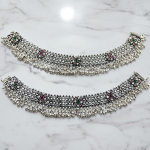 Traditional <b>Silver</b> <b>Anklet</b> for Women Ethnic Payal with Stone Work Heavy Design Bridal Wear Handmade Indian Jewelry - Product Image 3