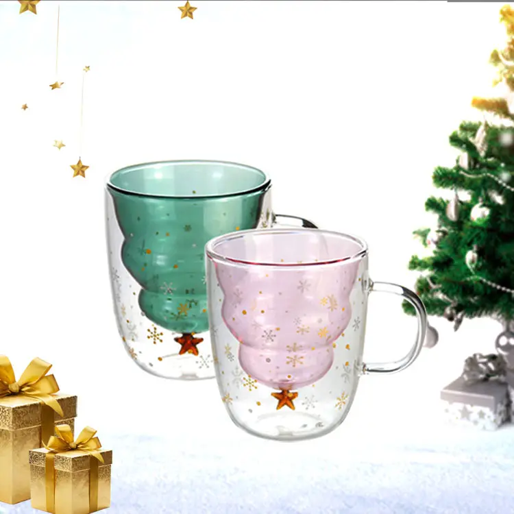 Christmas Solid Green Pink Heat Resistant High Borosilicate Double Wall Glass Coffee Mug Cup with Snow Shape Silicone Lid
