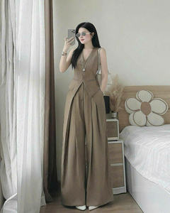 Ensemble pantalon droit et gilet uni marron pour femme, col en V, mélange coton/lin respirant, coupe classique, élégant pour le bureau ou décontracté - Product Image 6