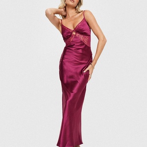 Vestido largo de satén burdeos con encaje, cuello en V, espalda descubierta, sexy, ajustado, para fiesta, con cintura imperio - Product Image 2