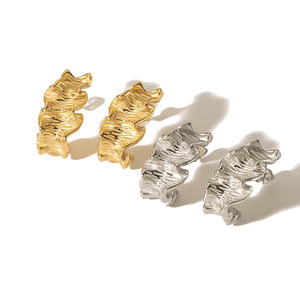 <b>Cuff</b> <b>Earrings</b> 18K Gold Stainless Steel Pleated Texture Irregular C Shape Fashion Jewelry for Women - Product Image 4