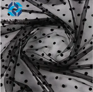 Fancy 100% Nylon Wedding Tulle Black Polka Dot Flocked Mesh Fabric For Dress Flocking Tulle Fabric