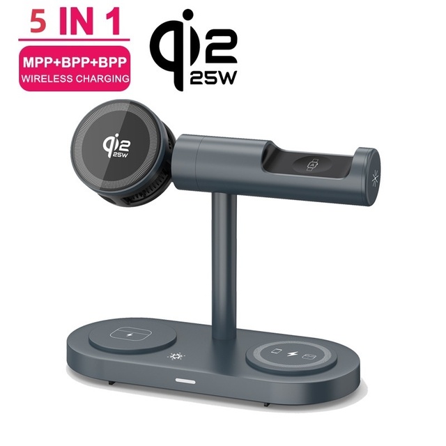 Magnetic Wireless 5in1 Charger Qi2.2 Fast Charging 25W 360 Rotation Heat Dissipation Foldable Design for Phone 17 Pro Max Watch