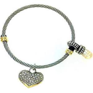 Bracelet jonc en fil de câble en laiton plaqué rhodium bicolore pour femme, réglable, avec 2 breloques en forme de cœur simulées, bracelets à breloques tendance - Product Image 1