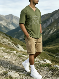 Ensemble décontracté streetwear pour homme, composé d'un t-shirt à col en V à imprimé géométrique vert armée et d'un short cargo kaki - Product Image 5