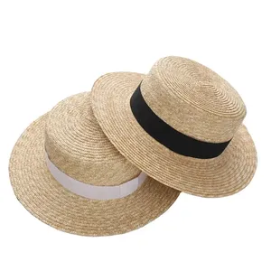 Alta calidad de moda plana superior Jazz Boater sombrero mujeres ala ancha trigo Tailandia cubano paja visera sombrero proveedor con cinta - Product Image 1
