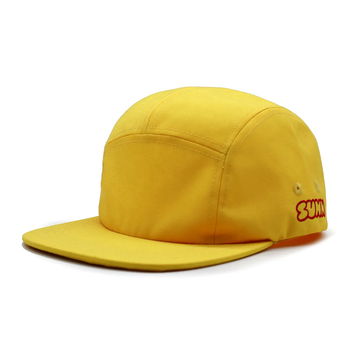 Topi Kupluk Bordir Gorra, Kuning Ramah Lingkungan 5 Lima Panel Berkemah Logo Kustom Topi Topi Casquette dengan Gesper