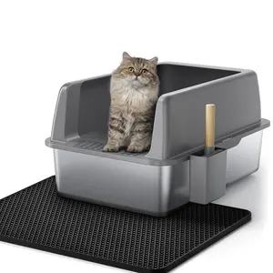 Bac à litière pour chat semi-fermé en acier inoxydable avec couvercle Bac à litière extra large pour gros chats
