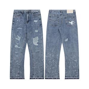 Men Dept <span class=keywords><strong>Blue</strong></span> Baggy <span class=keywords><strong>Jeans</strong></span> Streetwear Alta Qualidade Rasgado Pintado Empilhado Loose Fit Calças Calças Denim - Product Image 2
