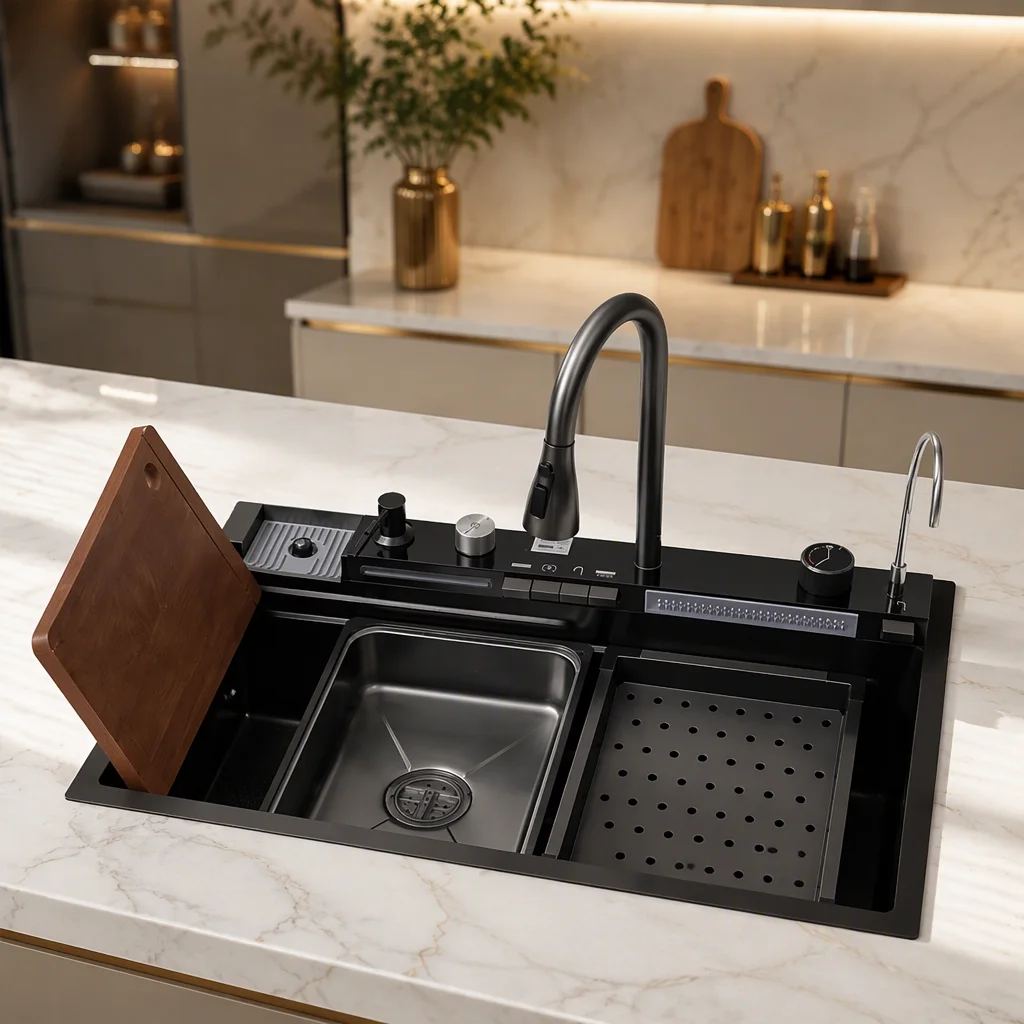 Factory Direct Nano Black Honeycomb Embossed Stainless Steel Smart Kitchen Sink with LED Digital Display Faucet · image 3