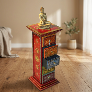 Traditional Hand-Painted Wooden Storage Cabinet Buddha Top 28x16x28cm Double Tier <b>Drawer</b> <b>Organizer</b> Eco-Friendly Multifunctional - Product Image 1