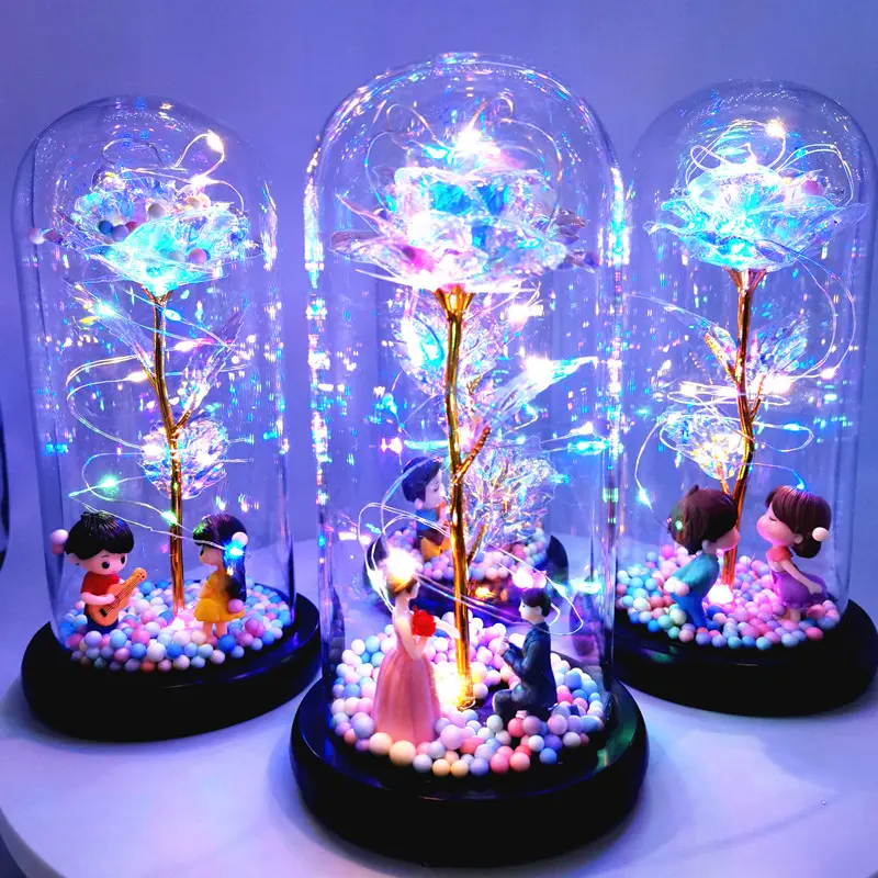 valentines day gift 2023 24K Galaxy Rose with LED Lights in Glass Dome for Mother's Day Valentine