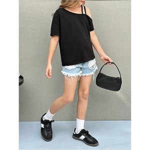 เสื้อยืดแขนสั้นสำหรับเด็กผู้หญิง ทรงหลวม ใส่สบายสำหรับฤดูร้อน สไตล์เก๋ไก๋ - Product Image 5