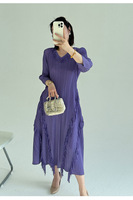 Robe plissée style Miyake pour femme, élégante, col en V, manches longues, robe maxi avec franges diagonales, tenue de style designer