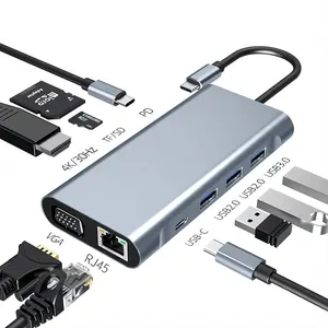 Adaptador de estação de acoplamento multifuncional 10 em 1 USB C tipo C Hub com leitor de cartão 4K HDTV VGA Lan RJ45 USB3.0 PD