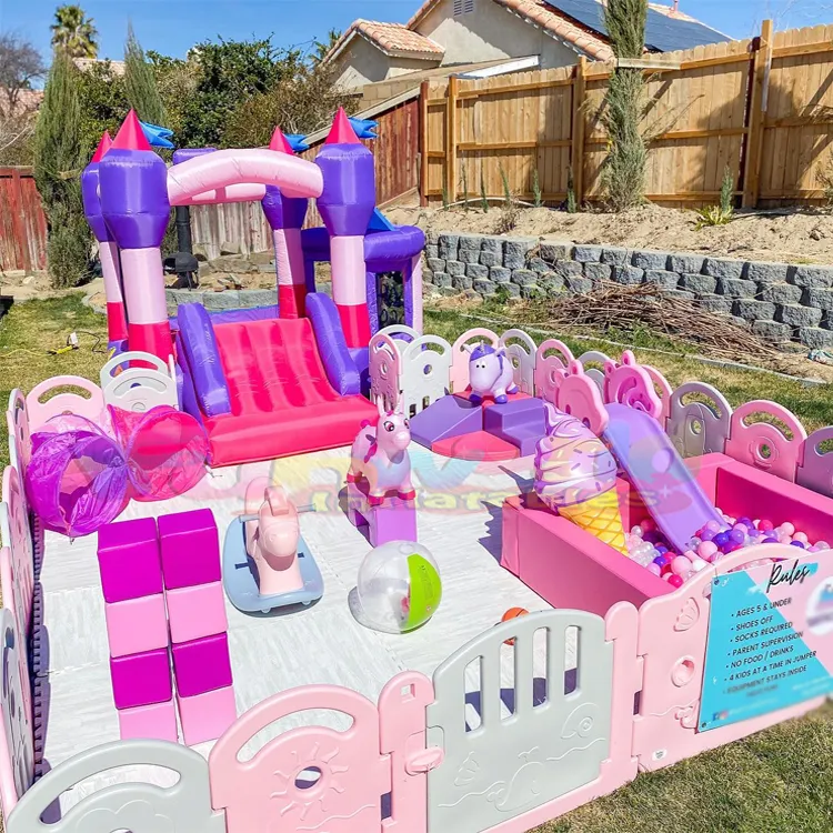 Outdoor entertainment baby soft play set inflatable pink bounce house with ball pit pool