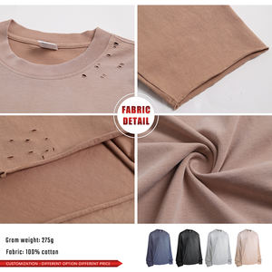 Camiseta Oversize Vintage de Hombre Estilo Wasteland con Teñido Jet, Manga Larga de Otoño, Bajo Deshilachado, Tejido 100% Liso - Product Image 6