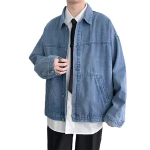 Jaket Denim untuk pria, jaket Denim tambal sulam hip hop kasual longgar jalanan tinggi tren Harajuku musim semi musim gugur