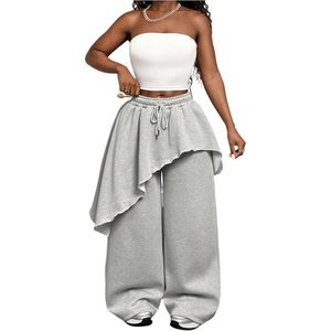 FOXA Women's <b>Asymmetrical</b> <b>Hem</b> Wide Leg Pants Drawstring Waist Streetwear Trousers - Product Image 1