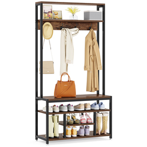 Tribesigns Brown Rustic Style 4 in 1 Hall Tree with Shoe Rack <strong>Entryway</strong> Bench 4 Hanger <strong>Hooks</strong> and Storage <strong>Shelf</strong> <strong>Coat</strong> Rack - Product Image 2