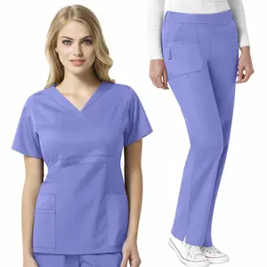 높은 판매 여성의 현대 V 넥 사용자 정의 색상 반팔 의료 스크럽 세트 간호사 병원 유니폼 수분 위킹 원단
