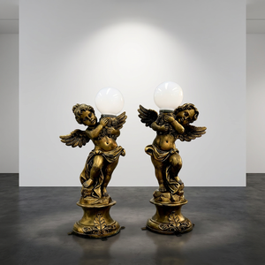 Lámpara de Estilo Antiguo con Estatua de Ángel Querubín de Bronce - Par de Lámparas de Mesa Barrocas Ornamentadas, Escultura de Bronce - Product Image 1