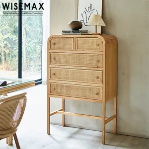 WISEMAX家具现代客厅家具天然实木框架藤门5抽屉柜卧室