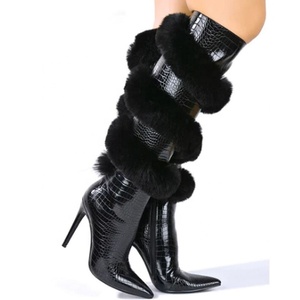 Cross Wrap Fur Women High Heels <b>Boots</b> Animal Prints Large Size 45 Wide Fit Shoes Pointy Toe Zipper Long Booties - Product Image 4