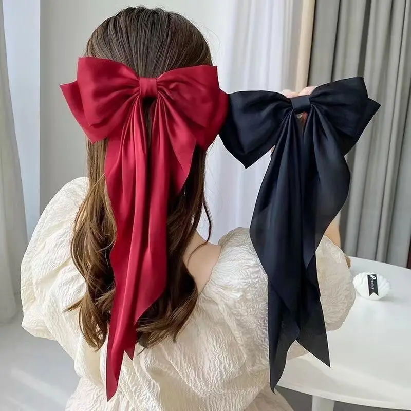 Elegant Hair Accessories Women Girls Silk Bowknot Hairpin Spring Clips Bow Hair Clips Barrettes Oversize Ribbon Satin Decoration