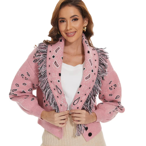 <span class=keywords><strong>Cardigan</strong></span> Corto da <span class=keywords><strong>Donna</strong></span> Vintage in Misto Lana <span class=keywords><strong>Rosa</strong></span> con Design Jacquard Bohémien, Maniche Lunghe e Nappine - Product Image 1