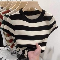 Haut tricoté à manches courtes pour femme, nouvelle collection été, coupe classique, col rond, confortable, décontracté, à rayures contrastées